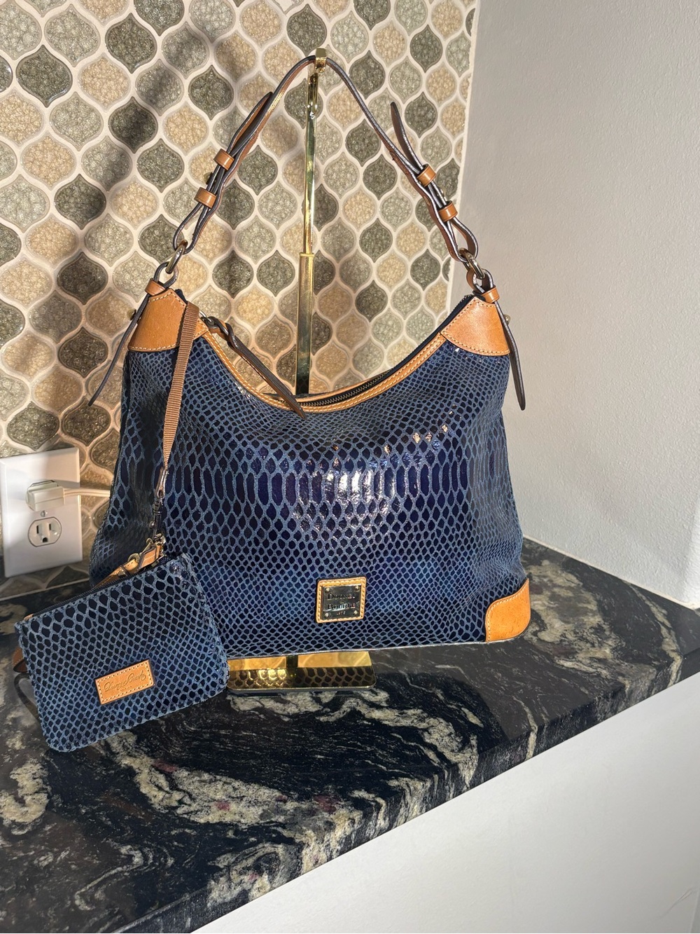 Dooney & Bourke Navy Snakeskin-Texture Shoulder Bag with Tan Trim